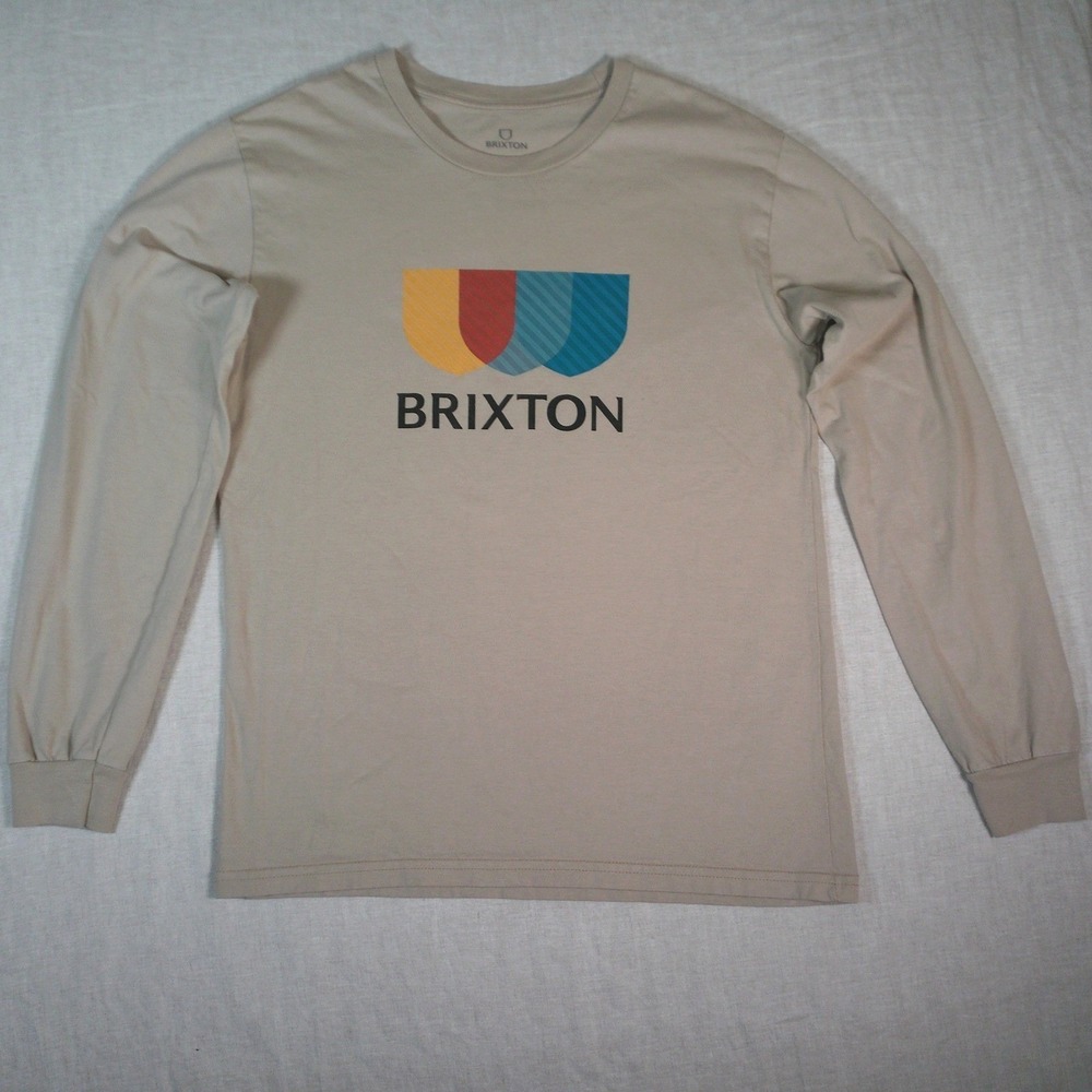 Brixton Long Sleeve Graphic T-Shirt Mens Small Tan Excellent Shield Logo Tee